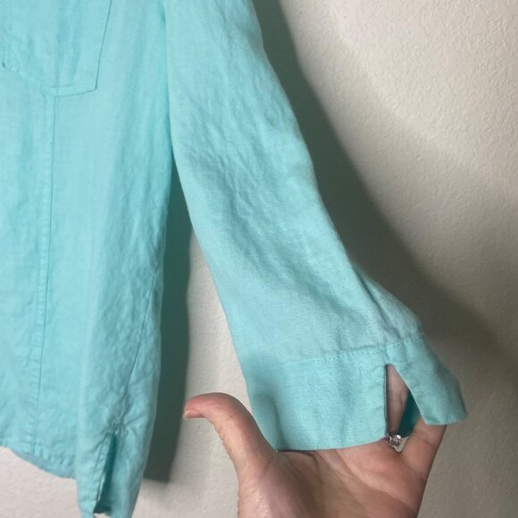 JM Collection Linen Top Womens Size 14 Teel Button Up 3/4 Sleeves Studded Pocket - Picture 8 of 14
